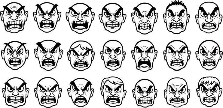 Angry Faces Vector Line Art Collection. Black and White Cartoon Illustrations of Human Rage, Fury, and Grumpy Expressions for Character Design