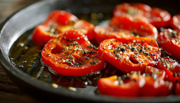 Close-up of sliced red bell peppers sizzling on a grill pan with bubbling oil. Ideal for cooking tutorials or food blogs showcasing grilling techniques