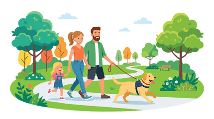 Naklejka premium Happy Family with Young Daughter Walking Golden Retriever Dog in Sunny Public Park Vector Illustration