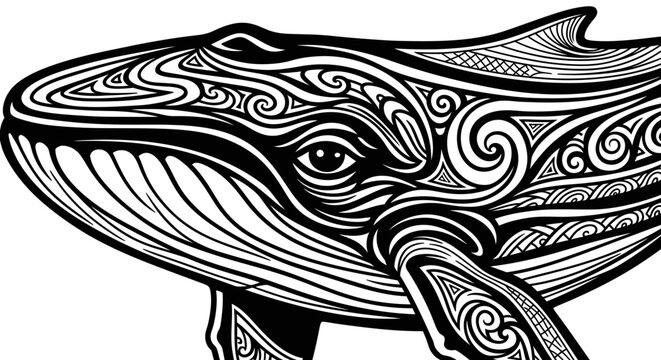Tribal whale illustration with intricate black and white patterns