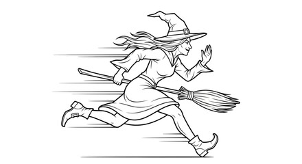 Obraz premium Witch running fast with broomstick in line art style
