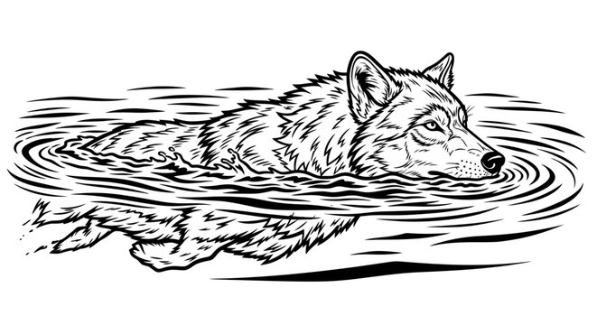 Wild wolf swimming through water engraved style illustration