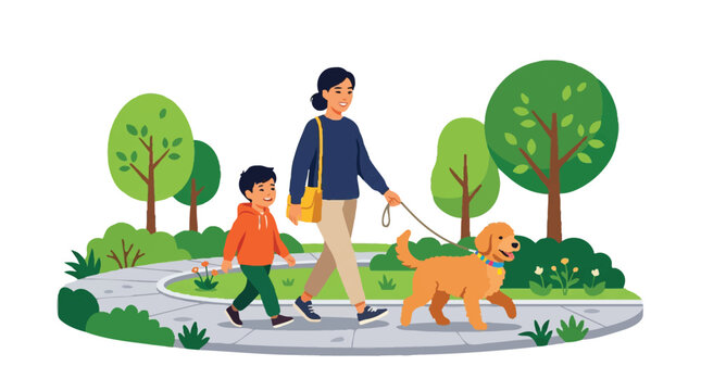 Mother and Son Walking a Goldendoodle Dog in a City Park, Happy Asian Family Enjoying Outdoor Leisure Activity, Flat Vector Illustration