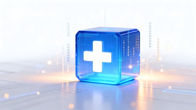 Blue cube with plus sign on digital surface