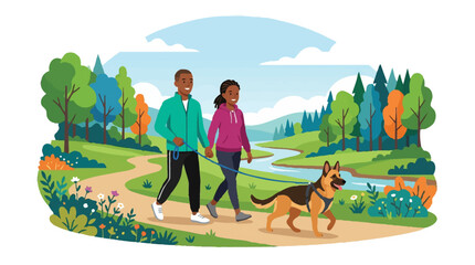 Fototapeta premium Happy African American Couple Walking their German Shepherd Dog on a Scenic Nature Trail in the Park Vector Illustration
