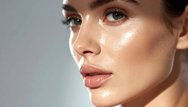Close-up of a fair-skinned person with glowing skin, soft features, and bright eyes
