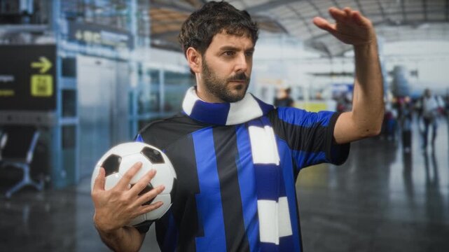 Hispanic man football player holding soccer ball with hand shielding eyes at airport concourse, wearing team jersey and scarf; anticipation.