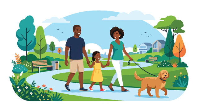 Happy Black Family with Daughter and Dog Walking in Sunny Public Park, Flat Vector Illustration