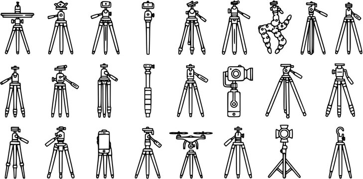 Photography and Video Equipment Tripods, Monopods, Camera Stands, and Stabilizers Line Art Outline Icons Collection for Studio and Content Creation