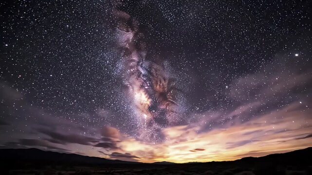 Time Lapse of Milky Way Galaxy Over Desert Landscape at Dusk, Stars and Clouds Moving Across the Night Sky, Dramatic Sunset Horizon Glow, 4K