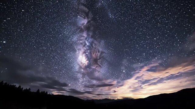 Time Lapse of Milky Way Galaxy Rising Over Silhouetted Mountain Range and Pine Forest, Starry Night Sky with Clouds, Cosmic Panorama, 4K