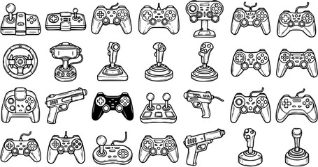 Gaming Technology Black and White Line Art Icons Set: Video Game Controllers, Joysticks, Gamepads, and Peripherals Collection © victoria