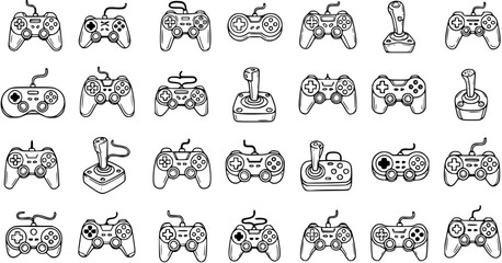 Video Game Controllers and Joysticks Black and White Line Art Icon Set. Hand-drawn Doodle Style Gamepad and Joystick for Gaming Technology © victoria