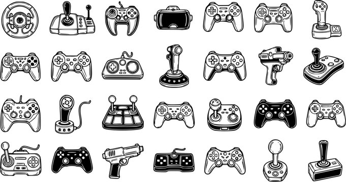 Black and White Line Art Icons of Gaming Controllers and Accessories