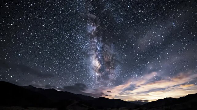 Time Lapse of the Milky Way Galaxy Rising Over Silhouetted Mountains at Night, Stars and Clouds Moving Across the Dark Sky, 4K