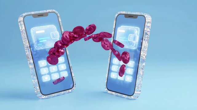 Digital Payment Transfer Between Two Smartphones Showing Cryptocurrency Wallet and App Icons, Abstract Pink Particles Flowing, 4K