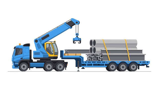 Industrial Crane Truck with Flatbed Trailer Carrying Construction Pipes and Steel Beams, Vector Illustration