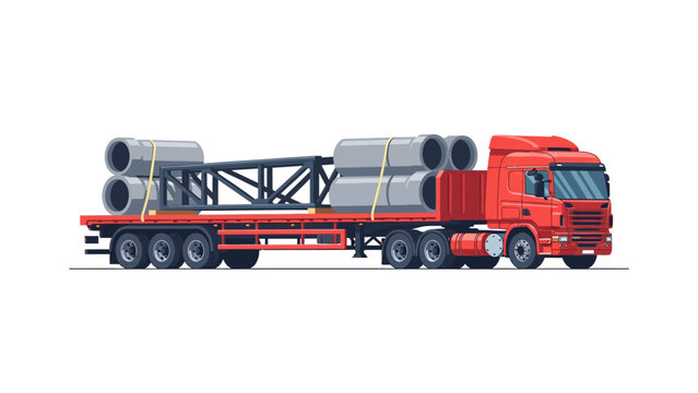 Red Heavy Duty Semi Truck Flatbed Trailer with Concrete Pipes and Steel Construction Truss Isolated Illustration