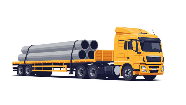 Yellow Heavy Duty Semi-Truck with Flatbed Trailer Carrying Concrete Pipes Isolated on White Background for Construction Logistics and Transportation Illustration