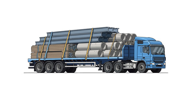 Blue Semi-Truck with Flatbed Trailer Transporting Heavy Construction Materials Like Concrete Pipes and Steel Beams - 2D Vector Illustration Isolated on White Background