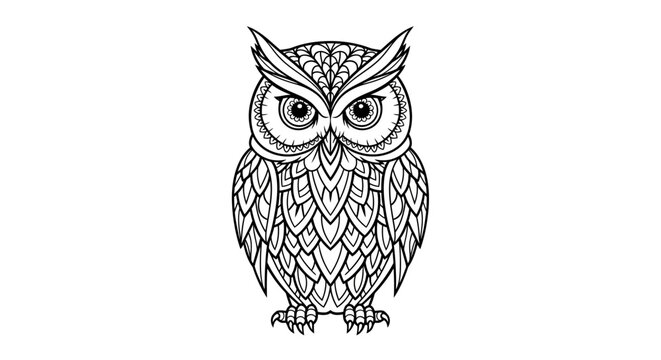 Detailed ornate owl illustration, black and white vector art with intricate bohemian patterns. Abstract stylized bird design.