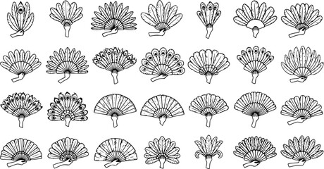 Cultural Hand Fans Black and White Line Art Vector Set. Doodle collection of traditional folding, feather, and peacock fan icons for design. © victoria