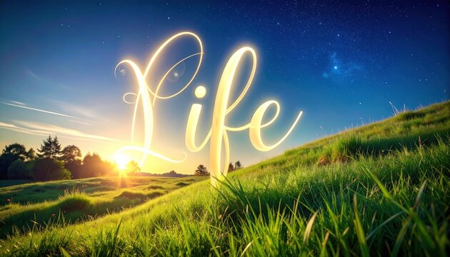 Glowing "Life" script overlays a green hill, sunrise and starry sky blending seamlessly