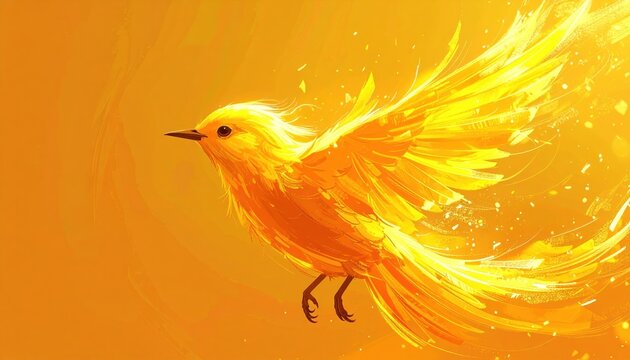 Illustration of a vibrant yellow bird mid-flight, bathed in golden light
