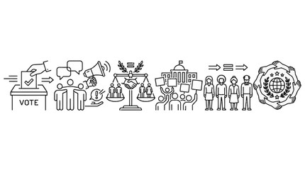 Naklejka premium Set of line icons representing civic engagement and social participation.