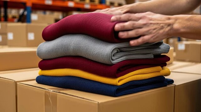 Stack of Folded Sweaters in Warehouse: A pair of hands carefully places the final sweater onto a neat stack of colorful, folded knitwear.