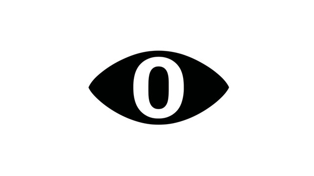Abstract eye symbol with the number zero at its pupil, representing visibility, data, or digital count. Minimalist black and white vector graphic.