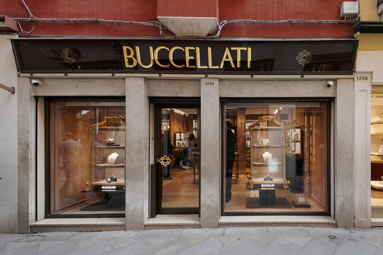 Venice, Italy June 03 2026: Storefront of the Buccellati boutique in Venice featuring elegant window displays and historic architecture near Piazza San Marco