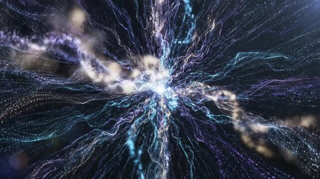 Energy particles swirl in a vibrant cosmic explosion, creating a dynamic abstract visualization of subatomic movement and the fundamental forces of physics within a dark, mysterious void.