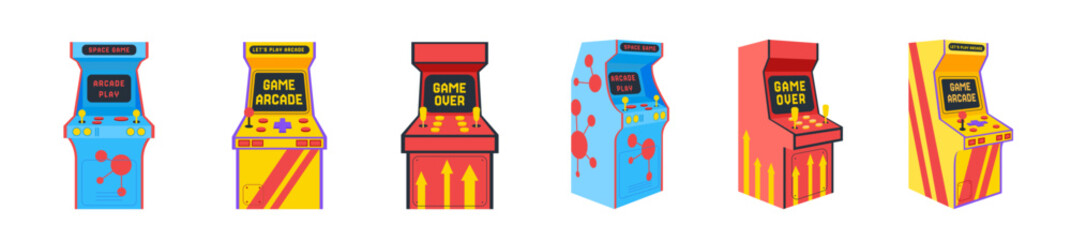 Retro arcade machine set in flat style with bright joystick control. Y2K video game machine with 90s videogame elements, electronic entertainment, red and yellow, for pop culture collections. © Moonnoon