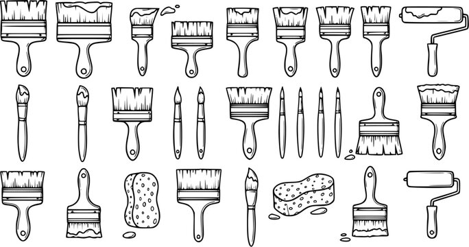 Art and Painting Tools Collection in Black and White Line Art Style. Various Brushes, Paint Rollers, and Sponge for Creative Hobbies and Home Improvement.