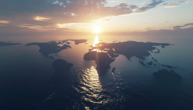 Wide angle aerial view of world map islands in ocean at golden sunset illustration