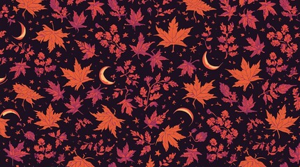 Obraz premium Autumn Night Sky with Crescent Moons and Falling Leaves.