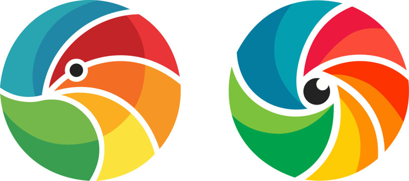 Creative colorful camera shutter lens logos with bird and eye design
