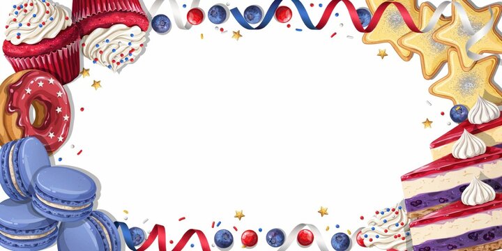 Desserts including cupcakes, donuts, and macarons form a sweet border frame around a central white area.