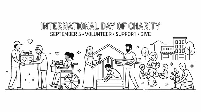 International Day of Charity illustration with diverse volunteers helping community.