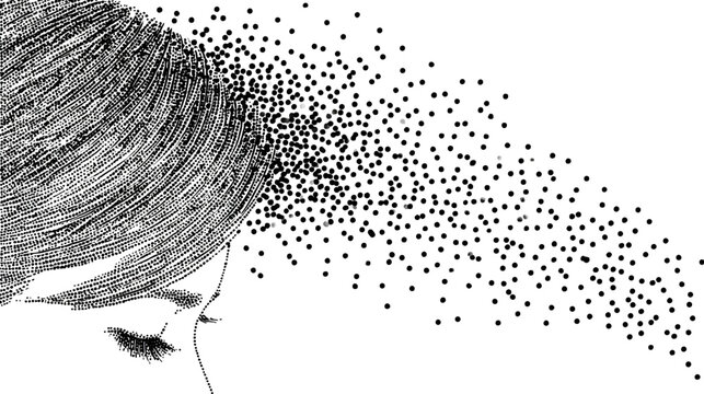 Detailed sketch of woman's face dissolving into particles.