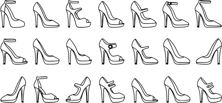 Black and White Line Art Collection of Various High Heel Shoes, Fashion Vector