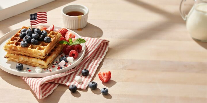 Waffles topped with blueberries and strawberries are served on a plate with a small flag for a patriotic breakfast.