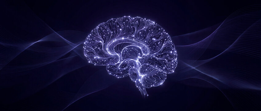 Glowing digital brain in profile with flowing energy waves on dark background