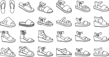 Obraz premium Black and White Line Art Collection of Diverse Women's Sandals and Flip-flops for Fashion Industry