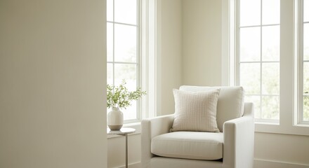 Fototapeta premium Cozy white armchair with plush cushion positioned by a window, plants in a vase on the side table.