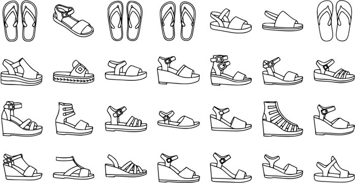 Fashion Footwear Black  White Line Art Icons Set: Diverse Women's Sandals, Flip-flops, and Wedge Heels for Summer Style Collection
