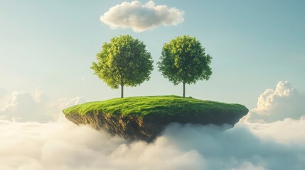 Fototapeta premium Two lush green trees on a small floating island above the clouds, under a bright sky.