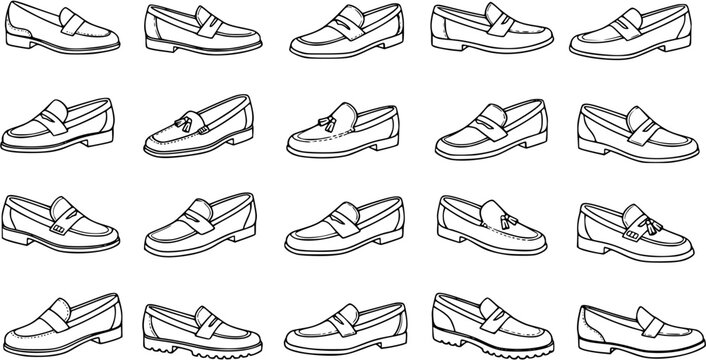 Fashion Footwear Black  White Line Art: Collection of Men's Loafer Shoes, Hand-drawn Outline Illustration for Style Concepts