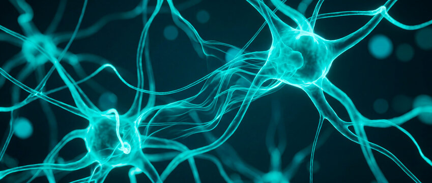 Glowing teal neuron cells with branching axons in abstract neural network